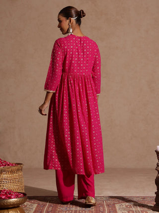 Pink Georgette Embellished Foil Print Open Tiered Kurta Bottom Set