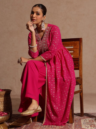 Pink Georgette Embellished Foil Print Open Tiered Kurta Bottom Set