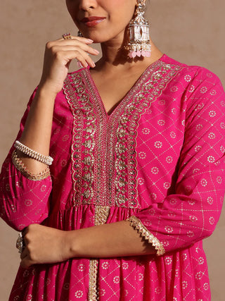 Pink Georgette Embellished Foil Print Open Tiered Kurta Bottom Set