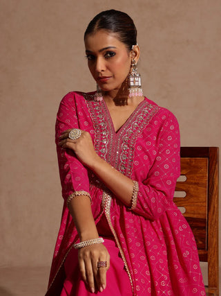 Pink Georgette Embellished Foil Print Open Tiered Kurta Bottom Set