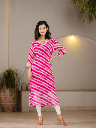 Pink Poly Georgette Striped Leheriya Print A Line Kurta