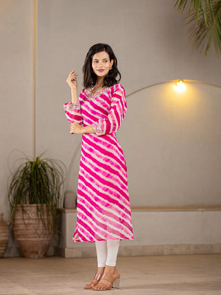 Pink Poly Georgette Striped Leheriya Print A Line Kurta