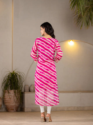 Pink Poly Georgette Striped Leheriya Print A Line Kurta