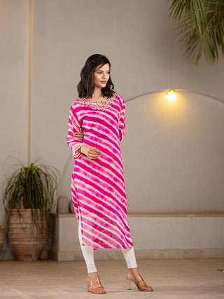 Pink Poly Georgette Striped Leheriya Print A Line Kurta