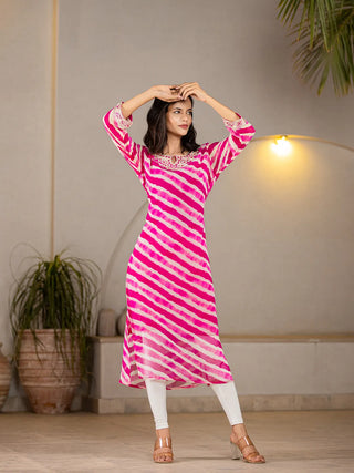 Pink Poly Georgette Striped Leheriya Print A Line Kurta