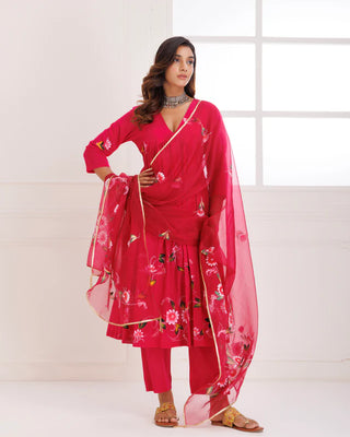 Organza Pink Hand Painted Suit Set with Dupatta