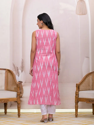 Pink Cotton Ikat Print A Line Suit Set with Voile Dupatta