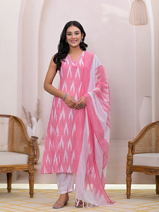 Pink Cotton Ikat Print A Line Suit Set with Voile Dupatta