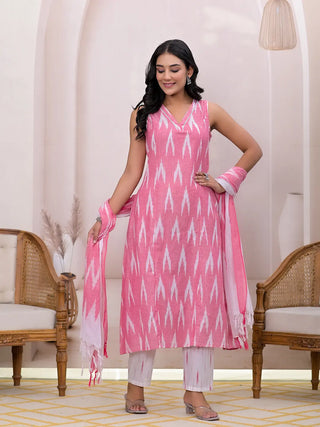 Pink Cotton Ikat Print A Line Suit Set with Voile Dupatta