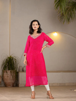 Pink Poly Georgette Leheriya Print with Cotton Lining & Embroidery Detailing A Line Kurta