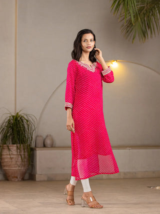 Pink Poly Georgette Leheriya Print with Cotton Lining & Embroidery Detailing A Line Kurta