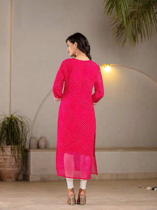 Pink Poly Georgette Leheriya Print with Cotton Lining & Embroidery Detailing A Line Kurta