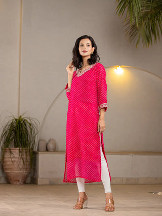 Pink Poly Georgette Leheriya Print with Cotton Lining & Embroidery Detailing A Line Kurta