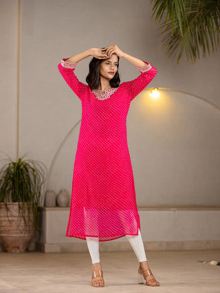 Pink Poly Georgette Leheriya Print with Cotton Lining & Embroidery Detailing A Line Kurta