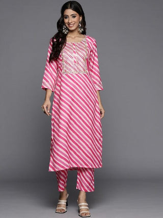 Pink & White Cotton Leheriya Print & Gota Patti Detailing Kurta Trouser Set