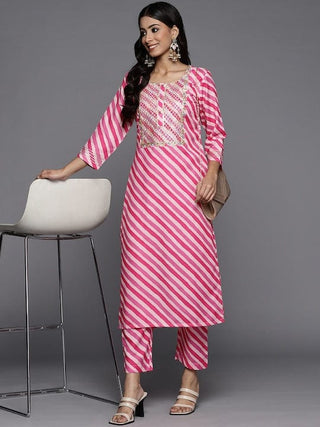 Pink & White Cotton Leheriya Print & Gota Patti Detailing Kurta Trouser Set