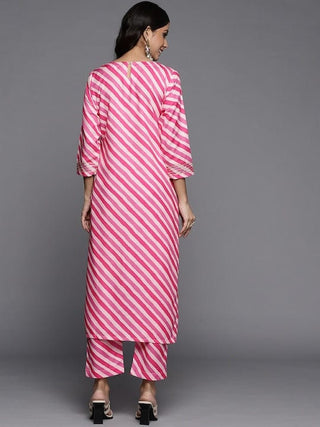 Pink & White Cotton Leheriya Print & Gota Patti Detailing Kurta Trouser Set