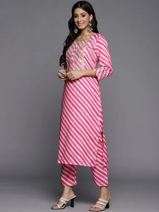 Pink & White Cotton Leheriya Print & Gota Patti Detailing Kurta Trouser Set