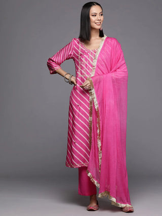 Pink Cotton Leheriya Print & Embroidered Suit Set with Silk Chiffon Dupatta