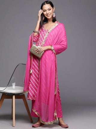 Pink Cotton Leheriya Print & Embroidered Suit Set with Silk Chiffon Dupatta