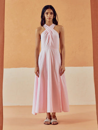 Solid Pink Lenin Maxi Style Dress