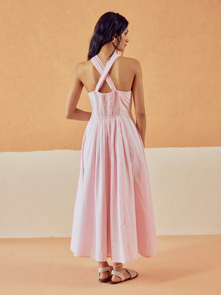 Solid Pink Lenin Maxi Style Dress