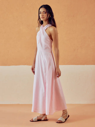 Solid Pink Lenin Maxi Style Dress