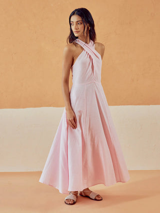 Solid Pink Lenin Maxi Style Dress