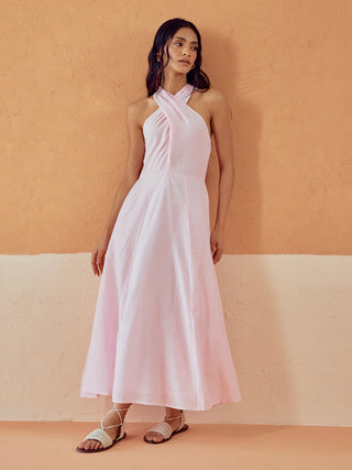 Solid Pink Lenin Maxi Style Dress