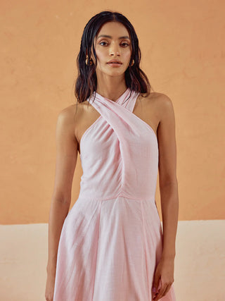 Solid Pink Lenin Maxi Style Dress