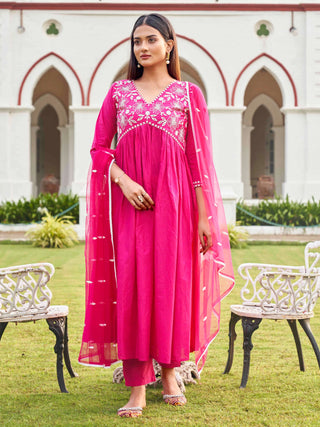 Pink Cotton Thread Embroidered Anarkali Suit Set with Dupatta