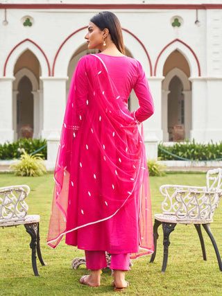 Pink Cotton Thread Embroidered Anarkali Suit Set with Dupatta