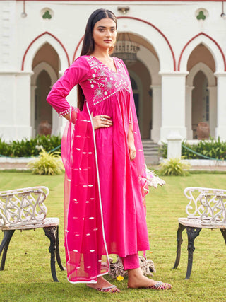 Pink Cotton Thread Embroidered Anarkali Suit Set with Dupatta