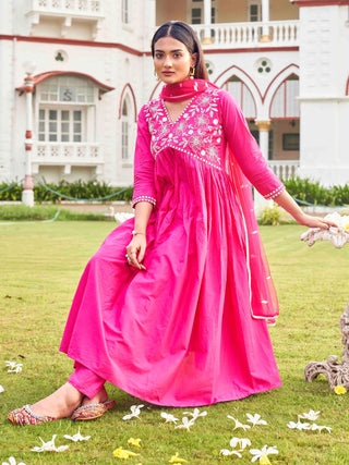 Pink Cotton Thread Embroidered Anarkali Suit Set with Dupatta