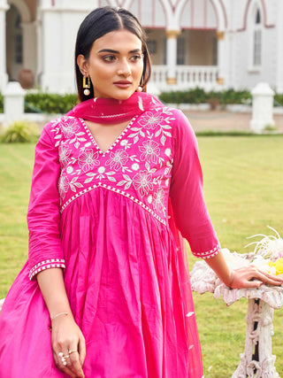 Pink Cotton Thread Embroidered Anarkali Suit Set with Dupatta