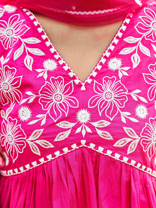 Pink Cotton Thread Embroidered Anarkali Suit Set with Dupatta