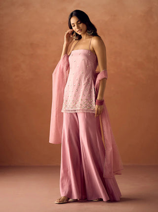 Pink Organza Hand Work Suit Set with Dupatta