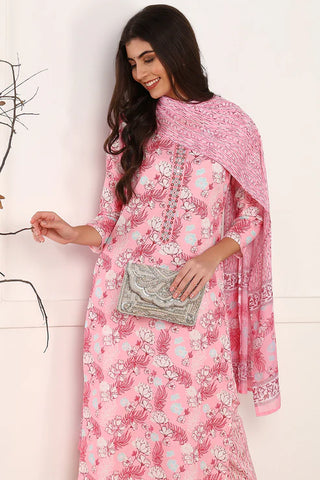 Pink Rayon Blend Floral Print Straight Shape Suit Set with Cotton Blend Dupatta