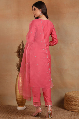 Pink Poly Silk Sequin Detailing Suit Set with Organza Dupatta