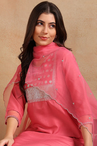 Pink Poly Silk Sequin Detailing Suit Set with Organza Dupatta