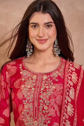 Pink Poly Silk Floral Print Suit Set with Dupatta