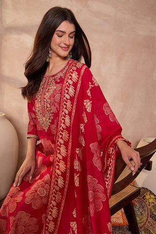 Pink Poly Silk Floral Print Suit Set with Dupatta