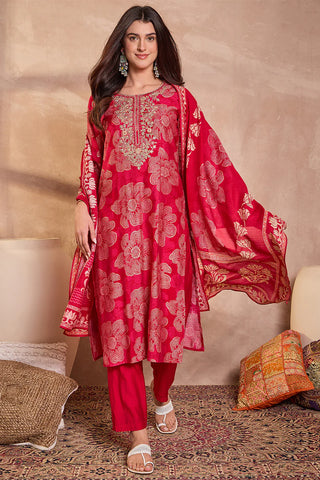 Pink Poly Silk Floral Print Suit Set with Dupatta