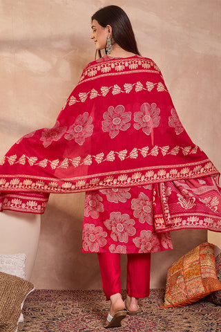 Pink Poly Silk Floral Print Suit Set with Dupatta