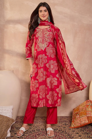Pink Poly Silk Floral Print Suit Set with Dupatta