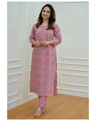 Pink Viscose Printed & Embroidered Kurta Pant Set