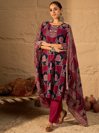 Pink Cotton Printed Straight Shape Suit Set with Dupatta