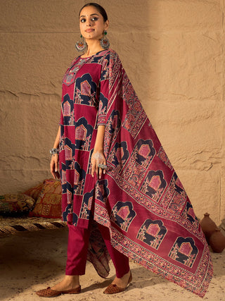 Pink Cotton Printed Straight Shape Suit Set with Dupatta