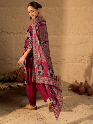 Pink Cotton Printed Straight Shape Suit Set with Dupatta