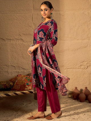 Pink Cotton Printed Straight Shape Suit Set with Dupatta